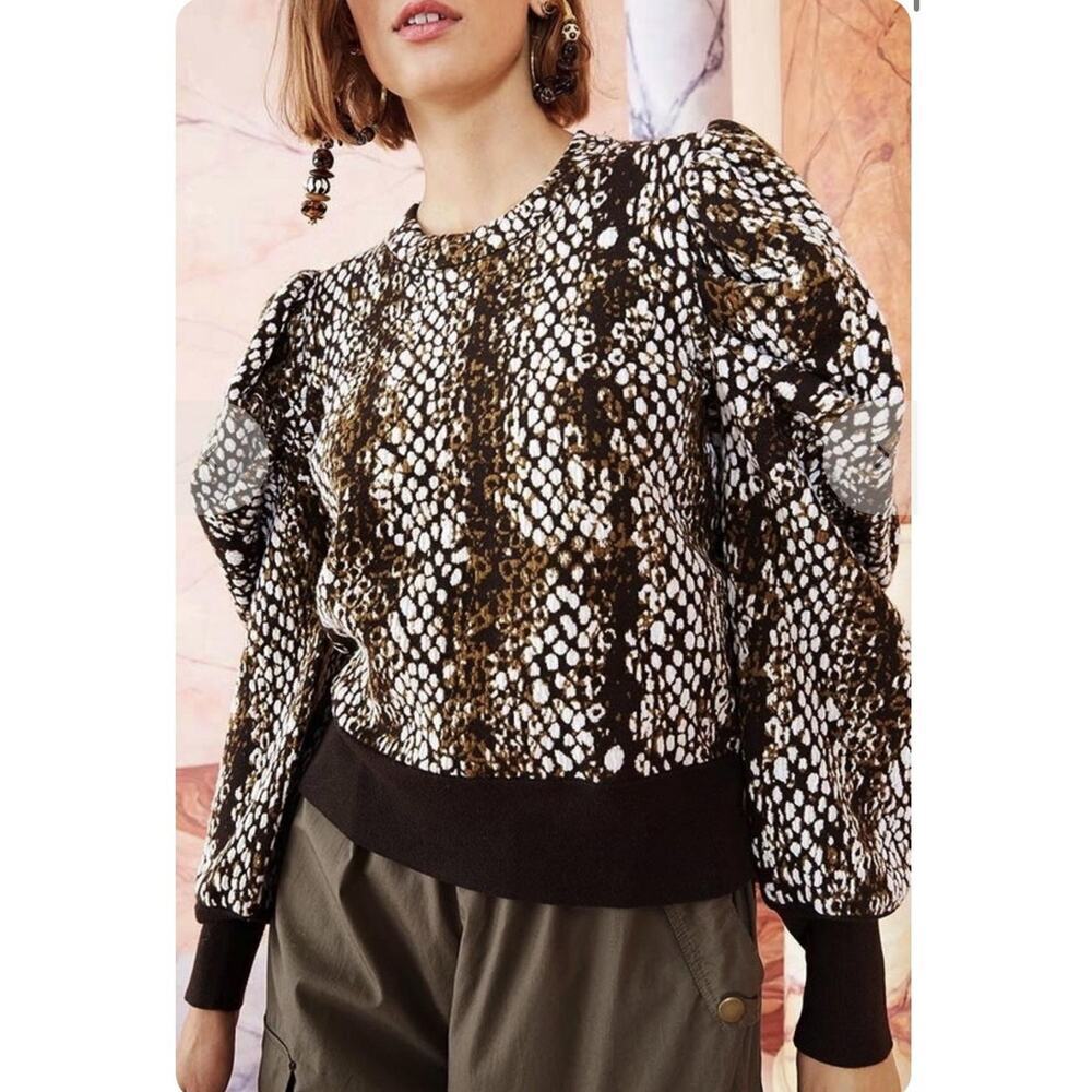 Ulla Johnson Sweater Womens Medium Brown Wool Animal Print Puff Sleeve Jacquard